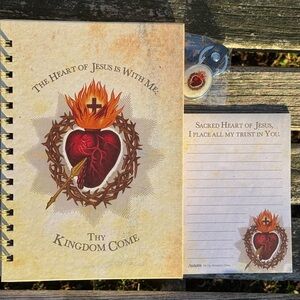 Sacred Heart Spiral Notebook, Notepad and keychain Set - Red Beige Easter gifts